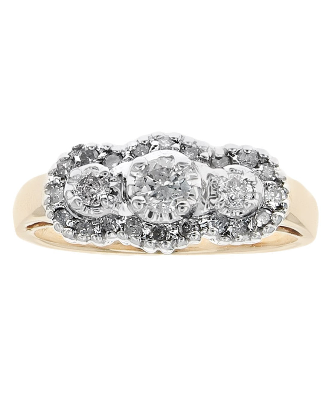 Diamond Triple Halo Cluster Ring in White and Yellow Gold