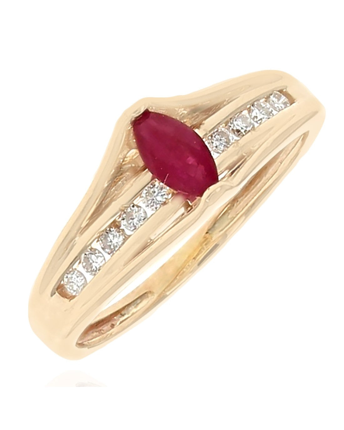 Ruby and Diamond High Profile Cathedral Style Ring in Yellow Gold