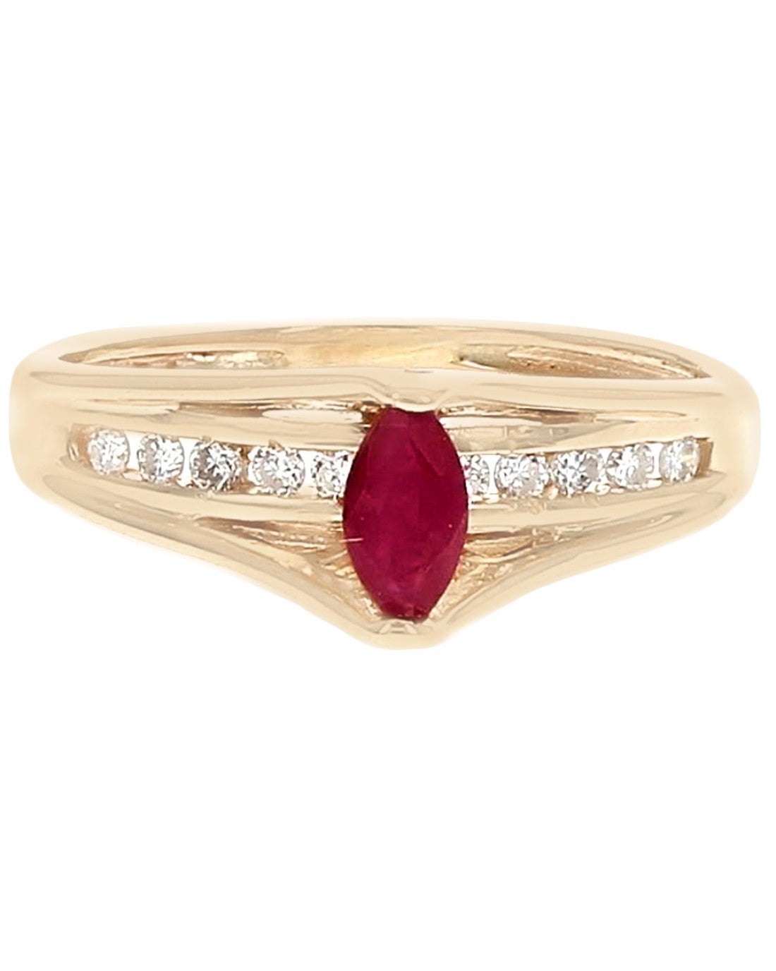 Ruby and Diamond High Profile Cathedral Style Ring in Yellow Gold