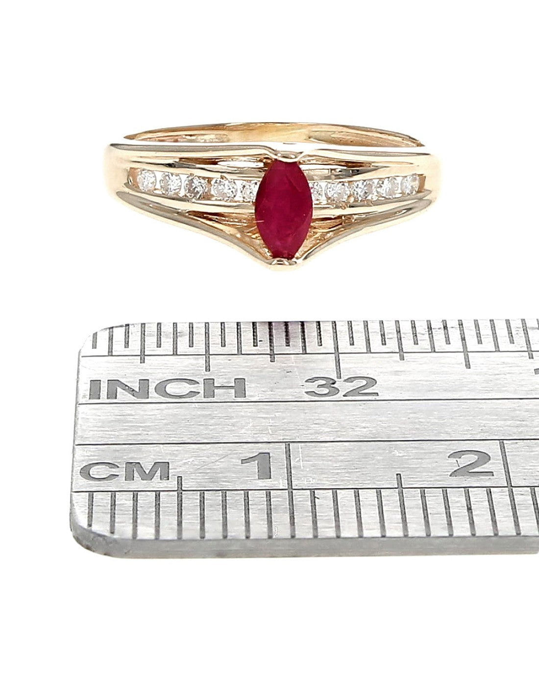 Ruby and Diamond High Profile Cathedral Style Ring in Yellow Gold