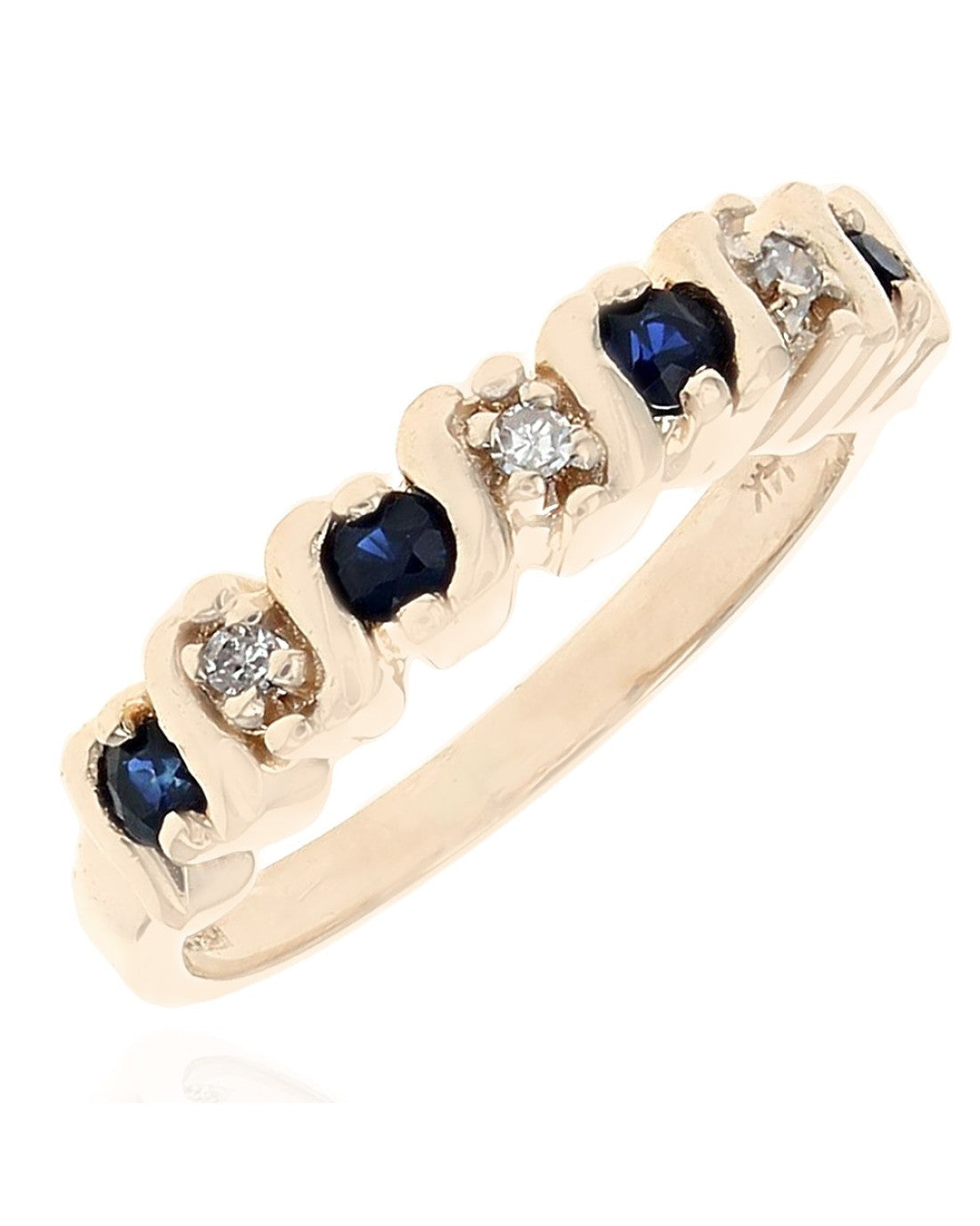 Alternating Blue Sapphire and Diamond S Curve Ring in Yellow Gold