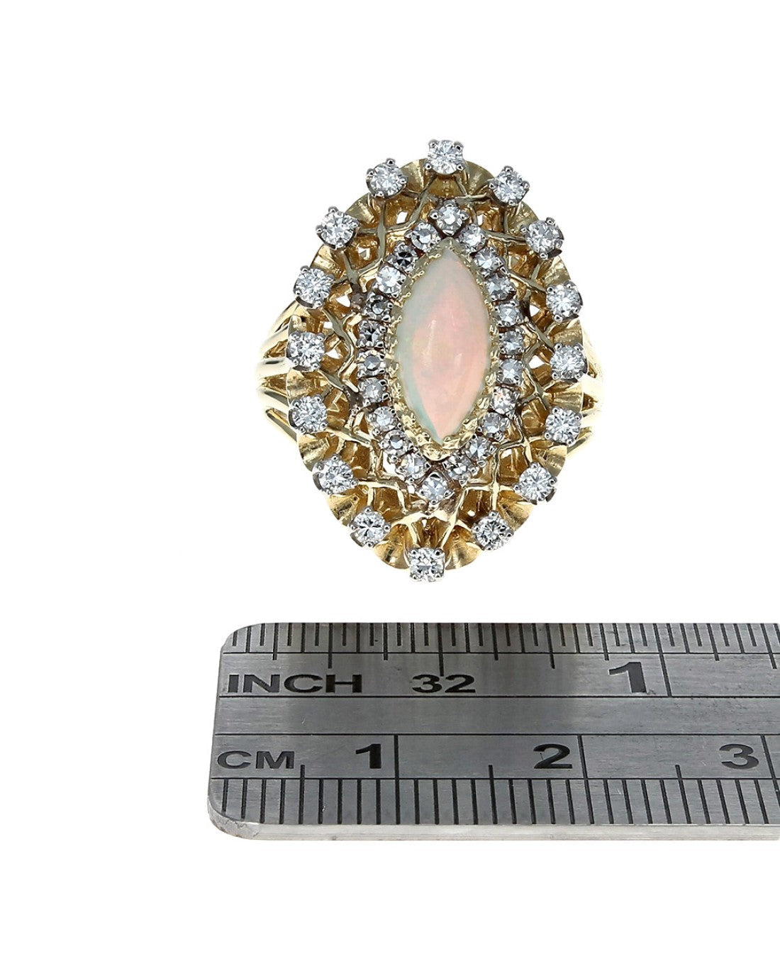 Ethiopian Opal and Diamond Double Halo Lattice Accent Ring in White and Yellow Gold