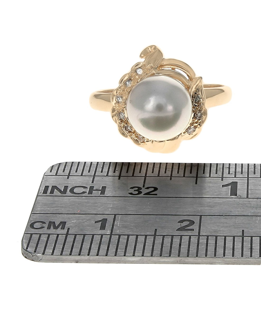 Pearl and Diamond Scallop Edge Ring in Yellow Gold