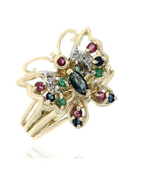 Multi Gemstone Open Cut Butterfly Split Shank Ring in Yellow Gold