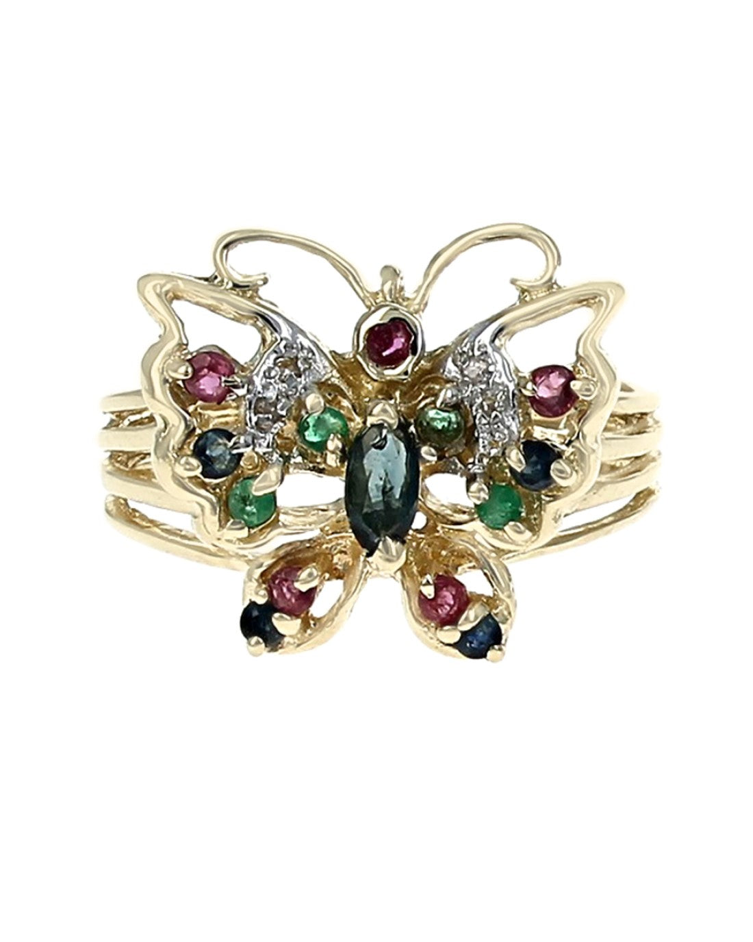 Multi Gemstone Open Cut Butterfly Split Shank Ring in Yellow Gold