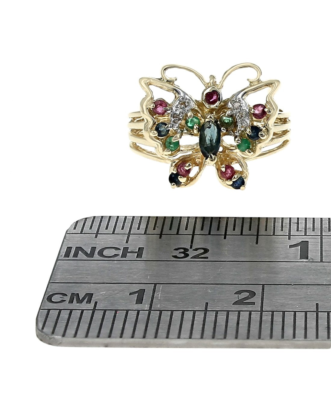 Multi Gemstone Open Cut Butterfly Split Shank Ring in Yellow Gold