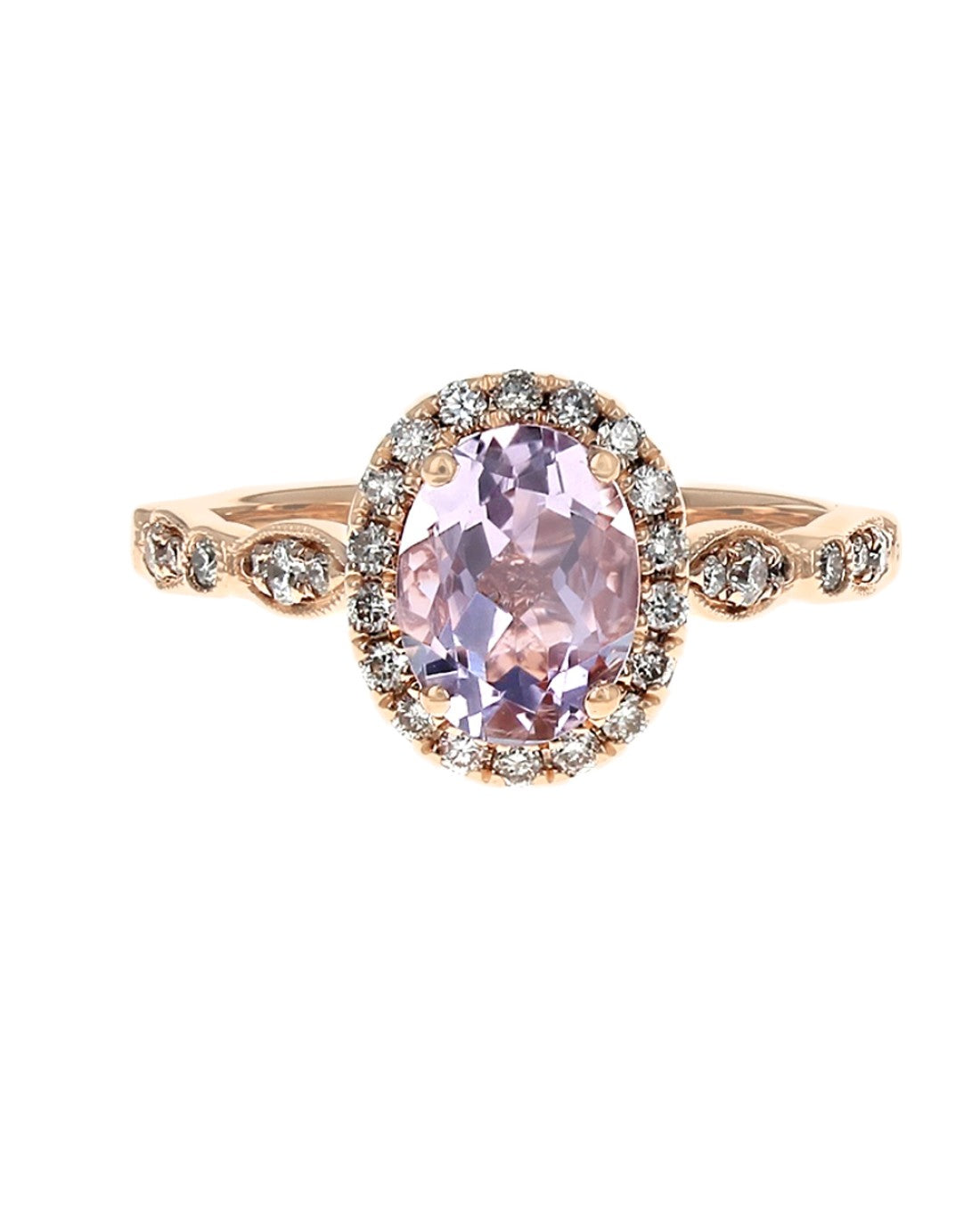 Rose Quartz and Diamond Halo Milgrain Accent Ring
