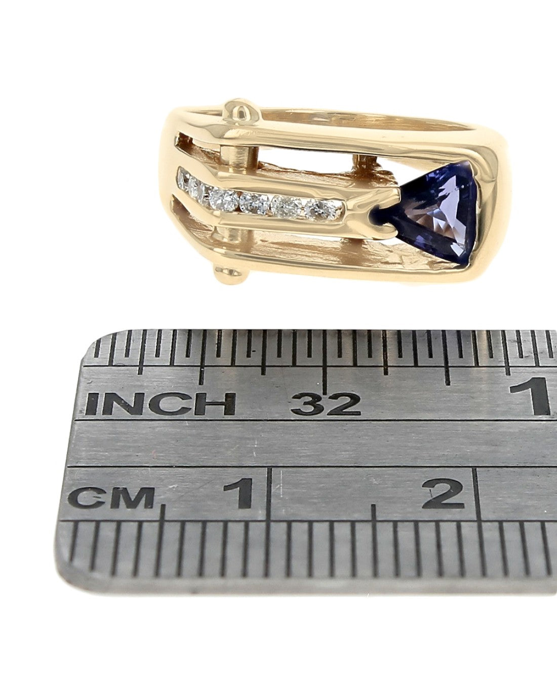 Trillion Tanzanite and Diamond Open Horizontal Tapered Ring