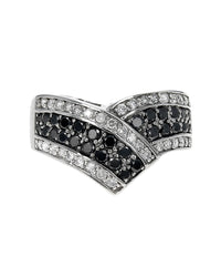 Four Row Black and White Diamond Chevron Ring in White Gold
