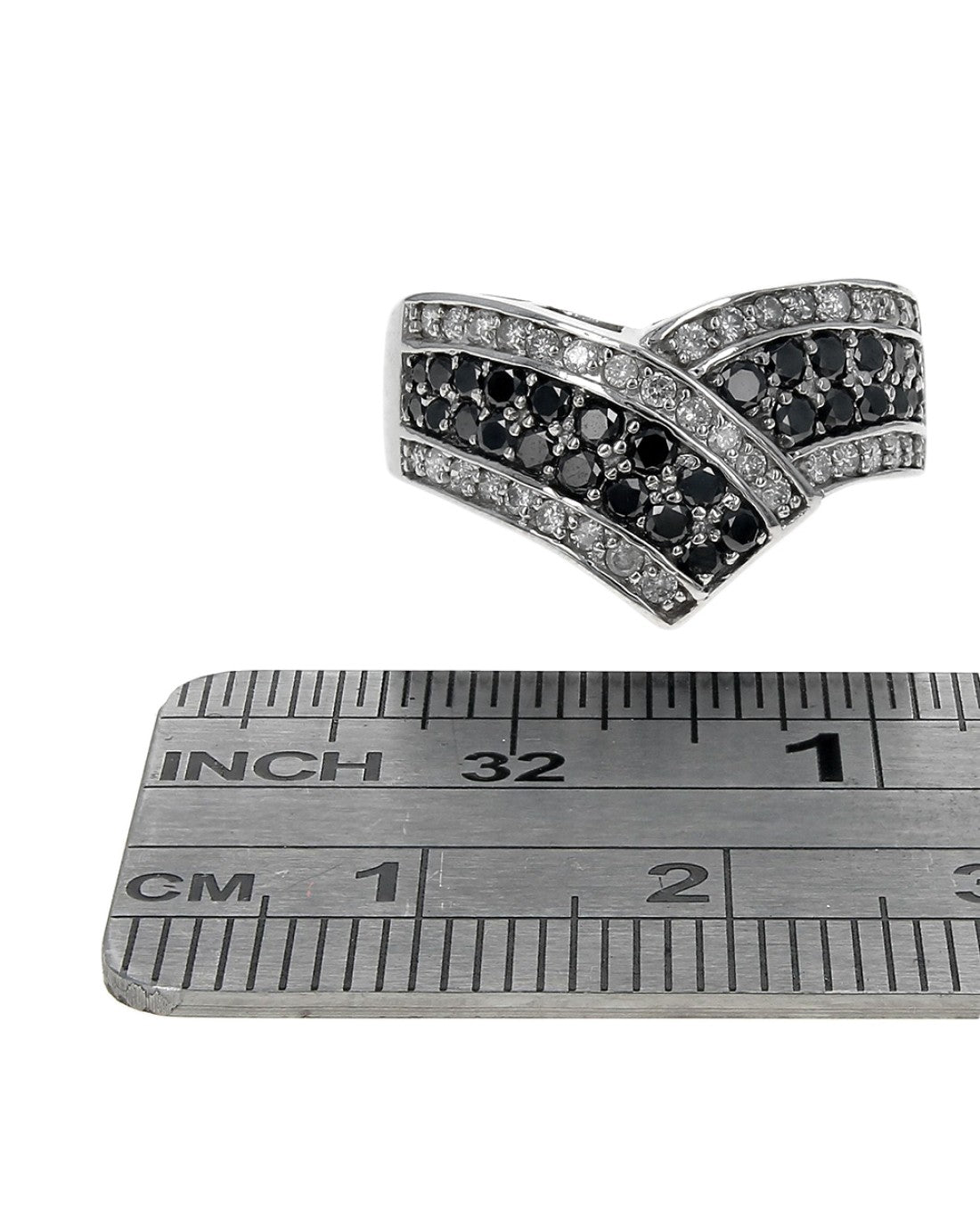Four Row Black and White Diamond Chevron Ring in White Gold