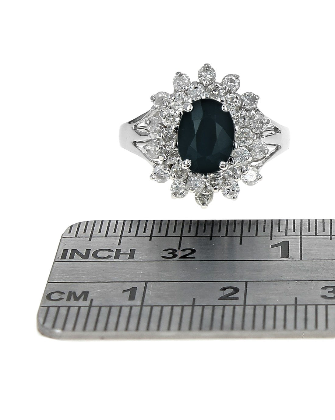 Dark Blue Sapphire and Diamond Double Halo Ring
