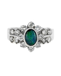 Australian Black Opal and Diamond Halo Ring