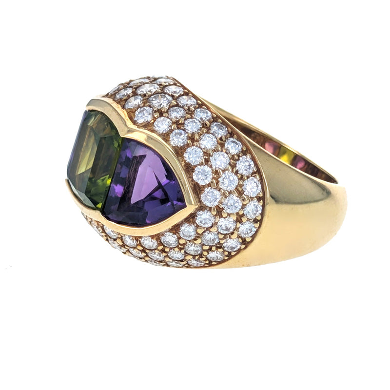 Peridot, Amethyst and Diamond Pave Dome Ring