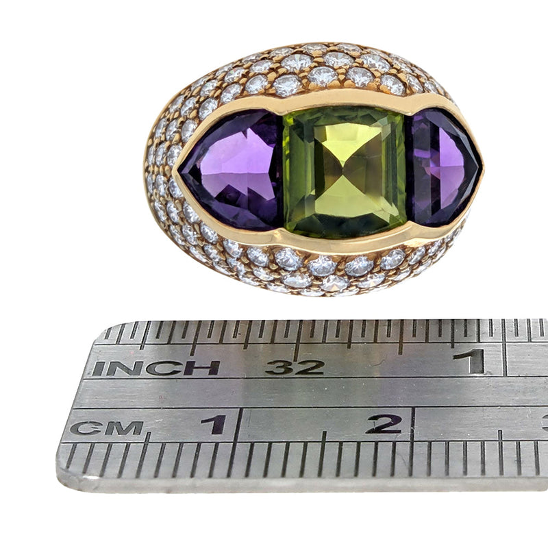 Peridot, Amethyst and Diamond Pave Dome Ring