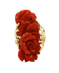 Floral Carved Red Coral Split Shank Ring in Yellow Gold