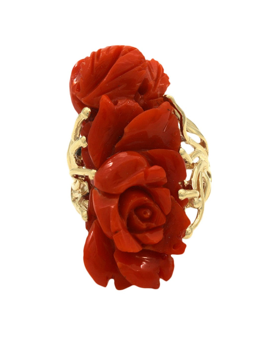 Floral Carved Red Coral Split Shank Ring in Yellow Gold