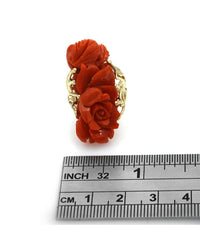 Floral Carved Red Coral Split Shank Ring in Yellow Gold