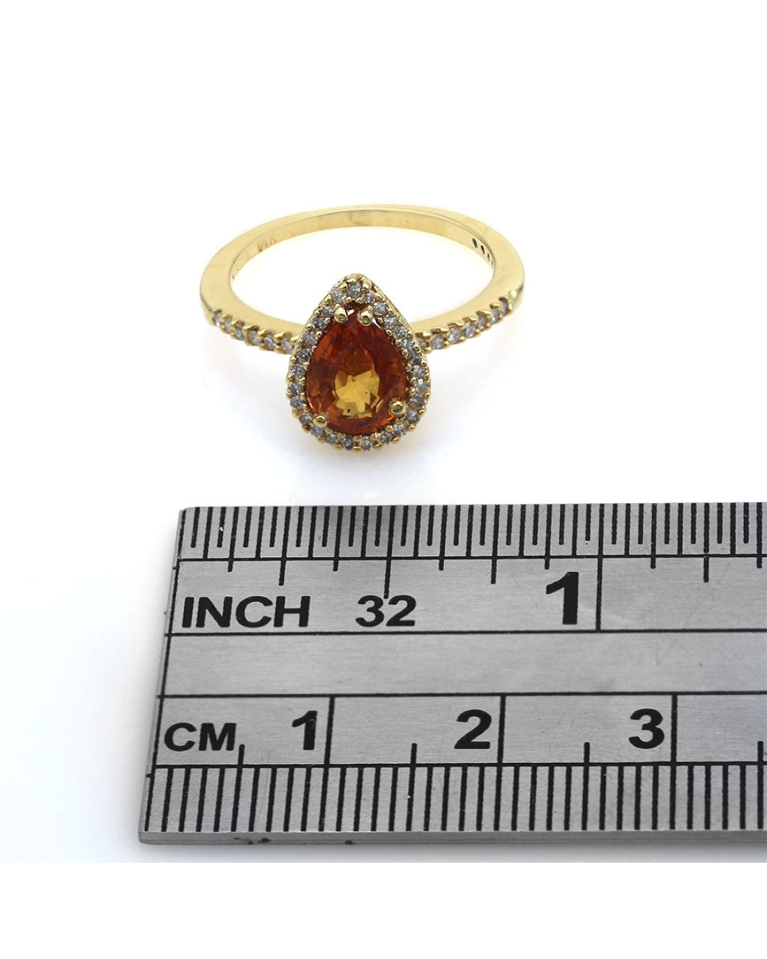 Orange Pear Cut Garnet Diamond Halo Ring in Yellow Gold