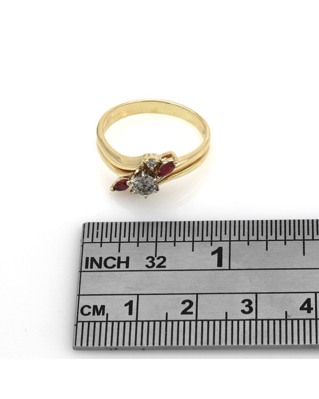 Diamond and Ruby Split Shank Bypass Ring in Yellow Gold