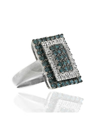 Irradiated Blue and White Diamond Double Halo Ring in White Gold
