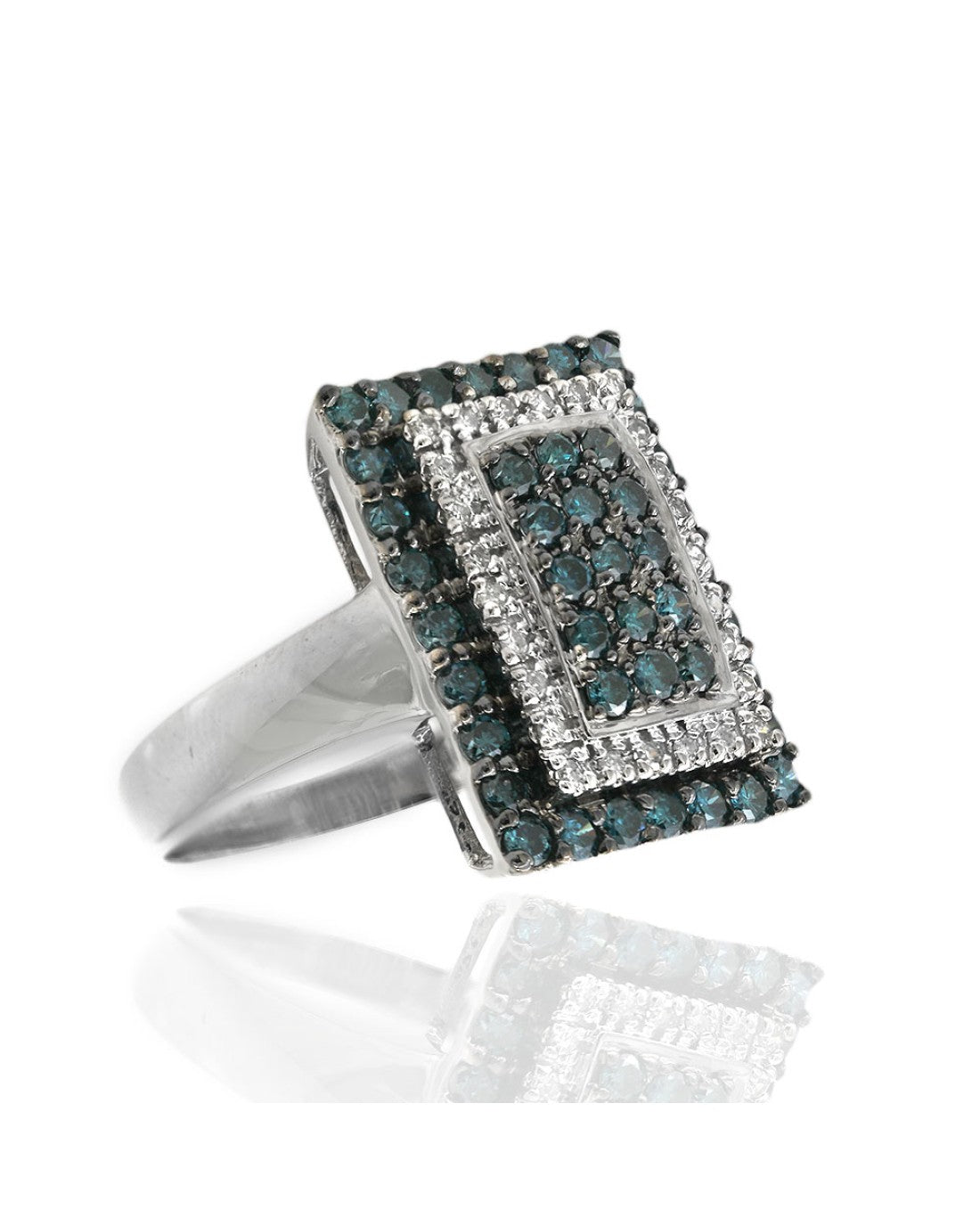 Irradiated Blue and White Diamond Double Halo Ring in White Gold
