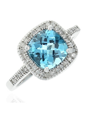 Swiss Blue Topaz and Diamond Halo Ring in White Gold