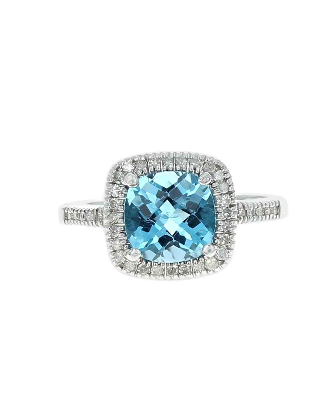 Swiss Blue Topaz and Diamond Halo Ring in White Gold