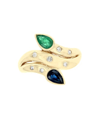 Blue Sapphire and Emerald Bypass Ring with Diamond Accents