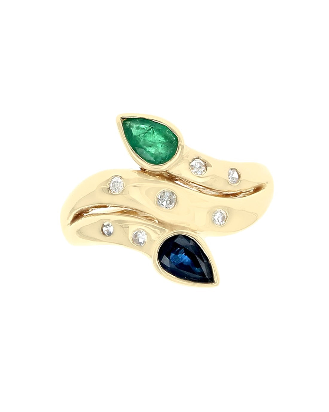 Blue Sapphire and Emerald Bypass Ring with Diamond Accents