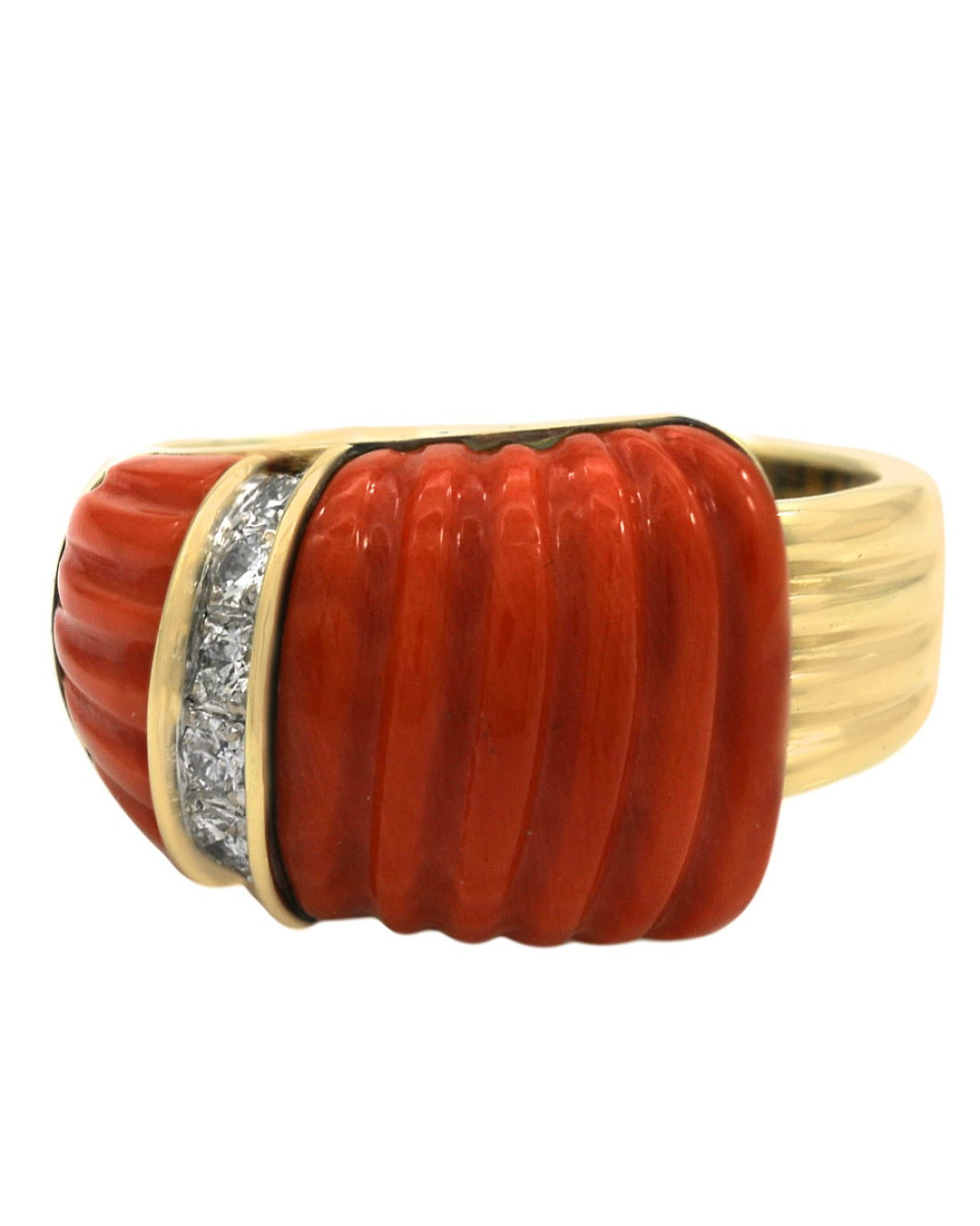 Red Coral and Diamond Accent Ring in Yellow Gold