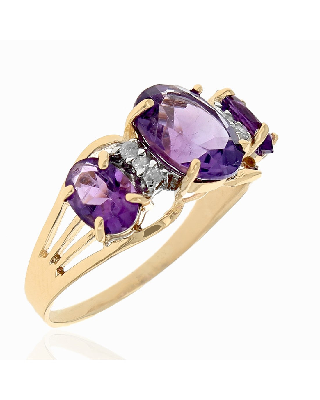 Alternating Amethyst and Diamond Split Shank Ring in Yellow Gold