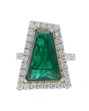 GIA Certified Emerald and Diamond Halo Ring in White and Yellow Gold
