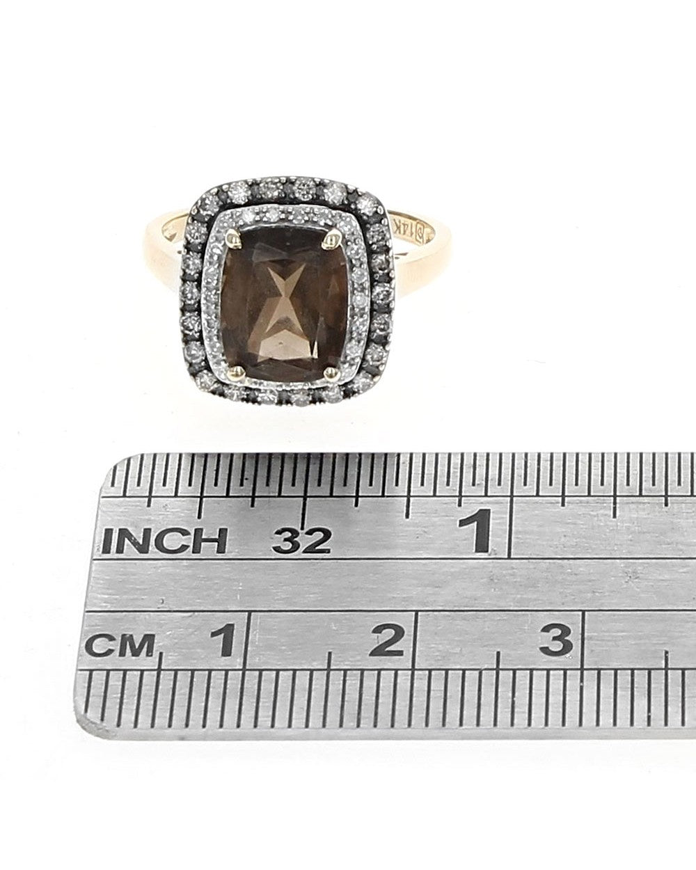 Smoky Quartz and Diamond Double Halo Ring in White and Yellow Gold