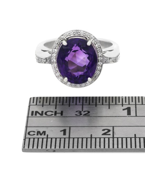 Amethyst and Diamond Halo Ring in White Gold