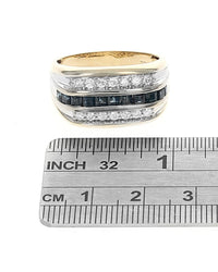 Gentlemen's Alternating 3 Row Diamond and Blue Sapphire Ring in White and Yellow Gold