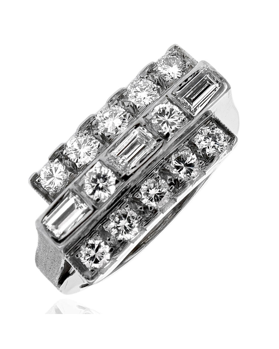 3 Row Round and Baguette Diamond Staggered Ring