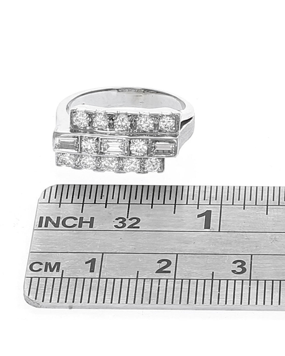 3 Row Round and Baguette Diamond Staggered Ring