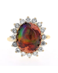 Opal in Rhyolite and Diamond Halo Ring in Yellow Gold