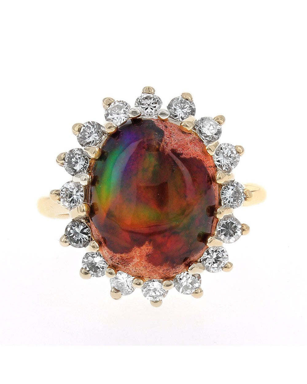 Opal in Rhyolite and Diamond Halo Ring in Yellow Gold