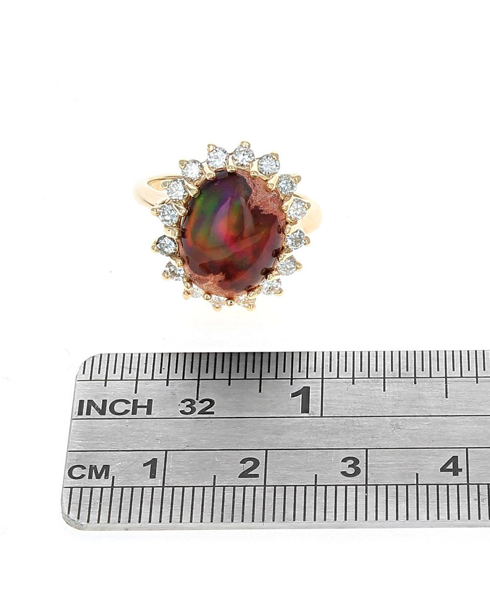 Opal in Rhyolite and Diamond Halo Ring in Yellow Gold