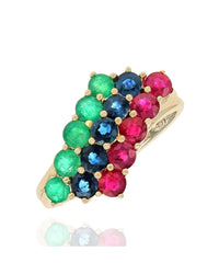 Three Row Ruby, Blue Sapphire, and Emerald Ring in Yellow Gold
