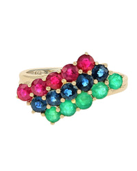 Three Row Ruby, Blue Sapphire, and Emerald Ring in Yellow Gold