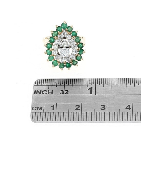 Diamond and Emerald Double Halo Ring in White and Yellow Gold