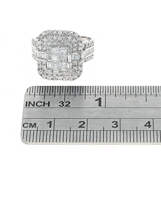 Three Row Mixed Cut Diamond Triple Halo Ring in White Gold