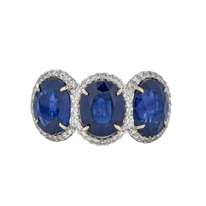 18k White Gold Three Oval Sapphire Diamond Ring