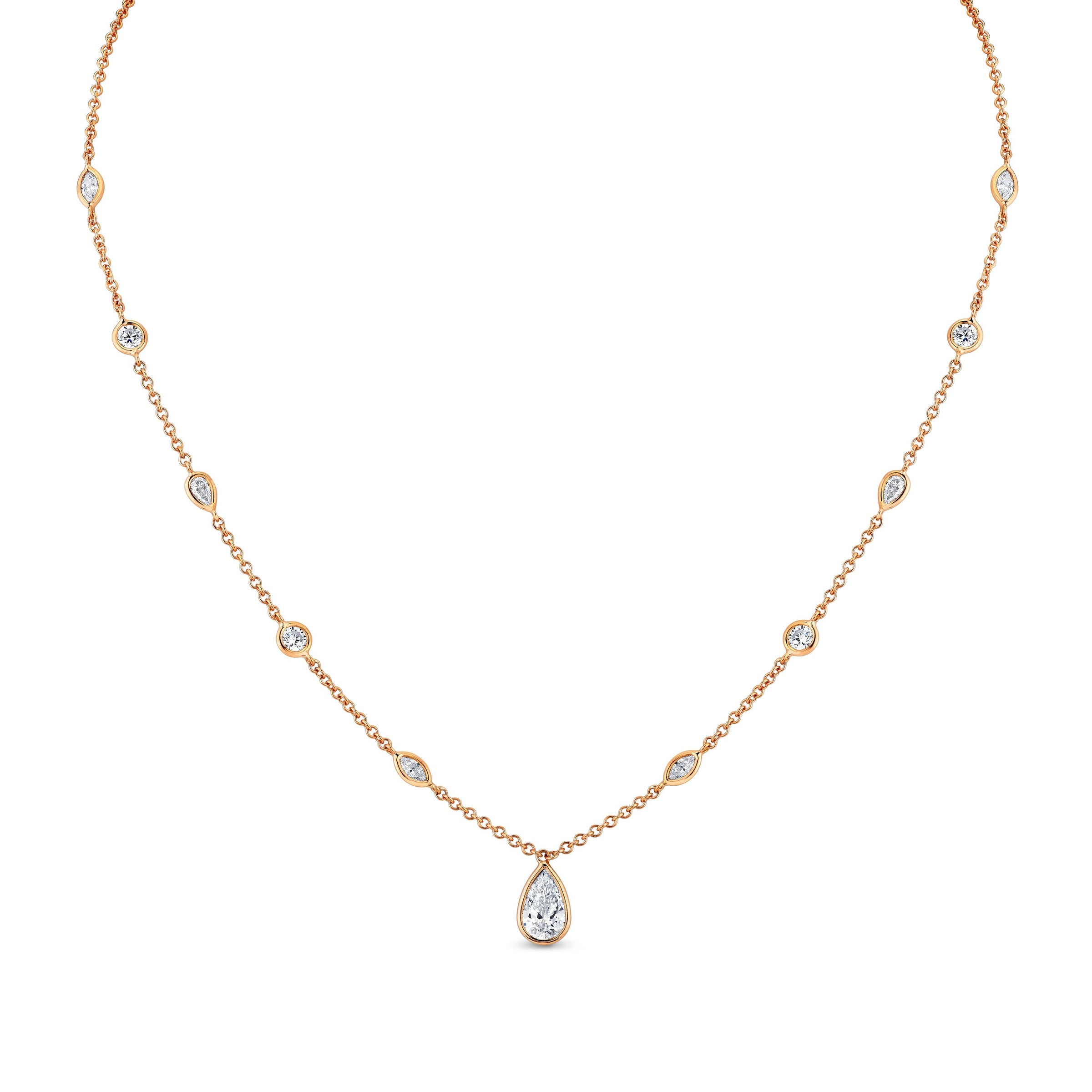 Station Necklace with Pear Shape Diamond Pendant