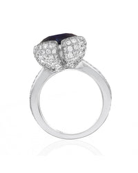 Custom Ceylon Sapphire & Pave Diamond Double Shank Ring in 18K White Gold