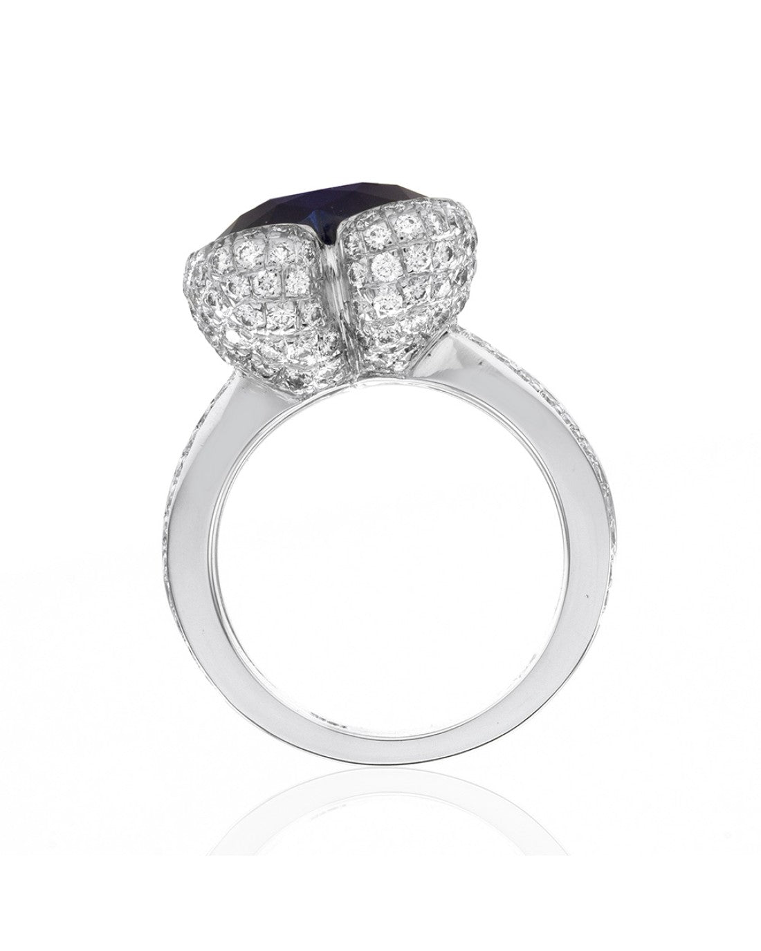 Custom Ceylon Sapphire & Pave Diamond Double Shank Ring in 18K White Gold