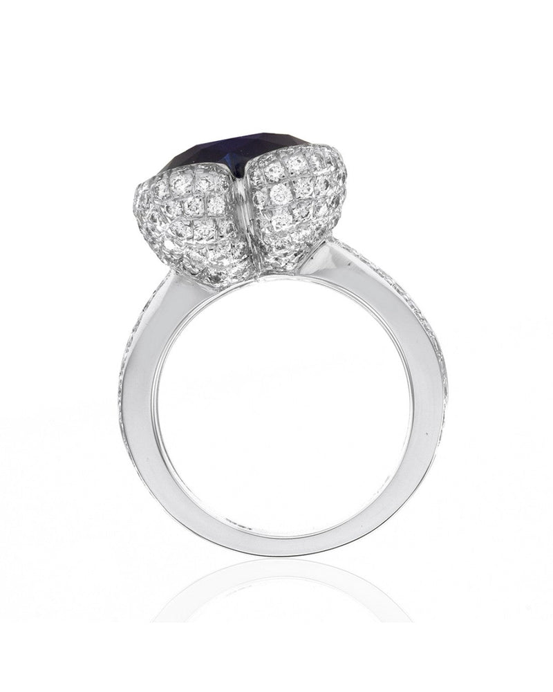 Custom Ceylon Sapphire & Pave Diamond Double Shank Ring in 18K White Gold