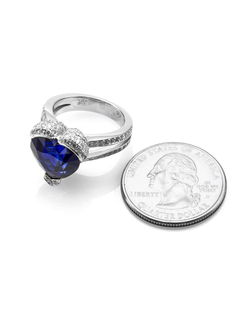 Custom Ceylon Sapphire & Pave Diamond Double Shank Ring in 18K White Gold
